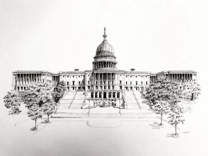 Smith's pen and ink drawing of the US Capitol.